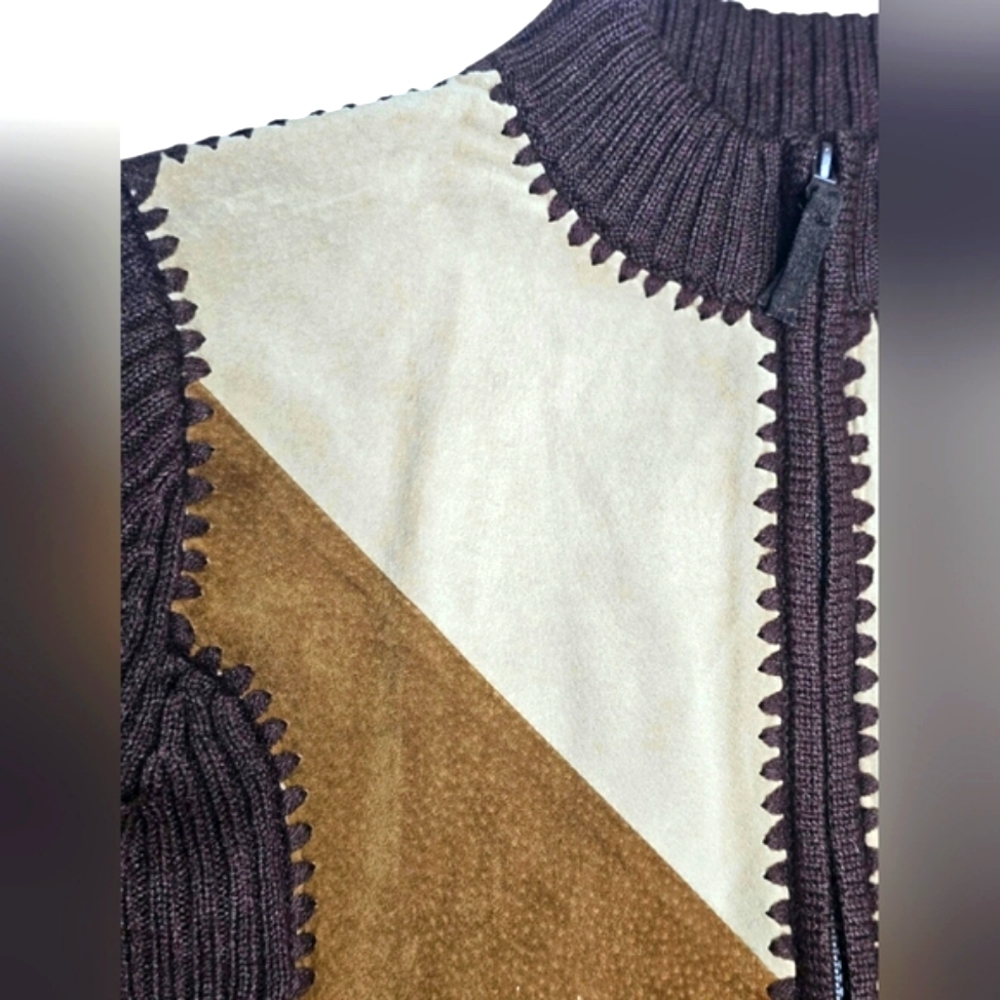 Vintage Designer Studio Western Leather Stitch Colorblock Zip up Jacket Brown - Picture 12 of 15